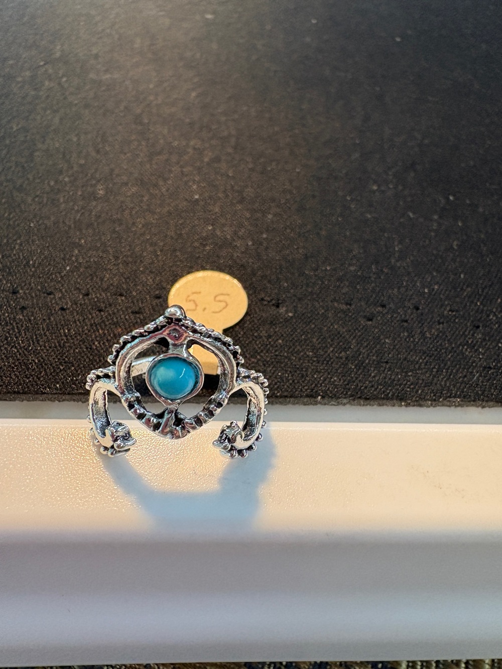 Silver Tone Blue Stone Floral Ring - Size 5.5
